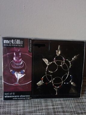 Set Of 6 Martini Themed Solid Pewter Stemware or Wine Glass Charms